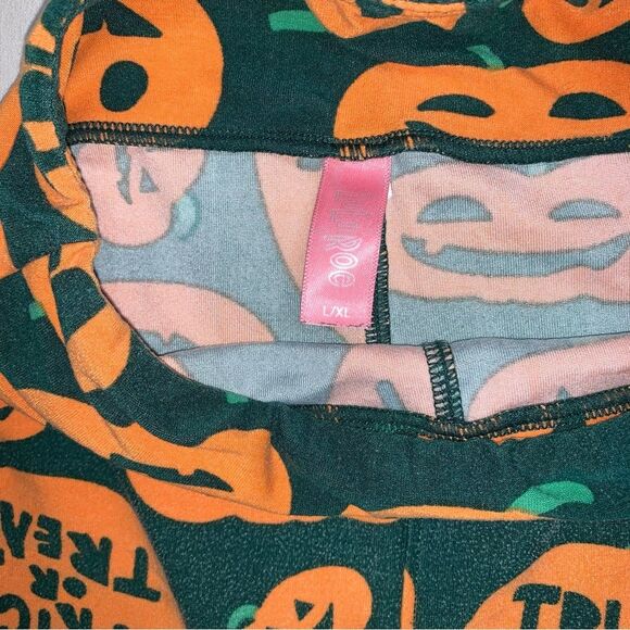 LulaRoe Halloween Jack O Lantern Pumpkin Leggings Girl’s Large Green Orange Fall - Picture 3 of 9